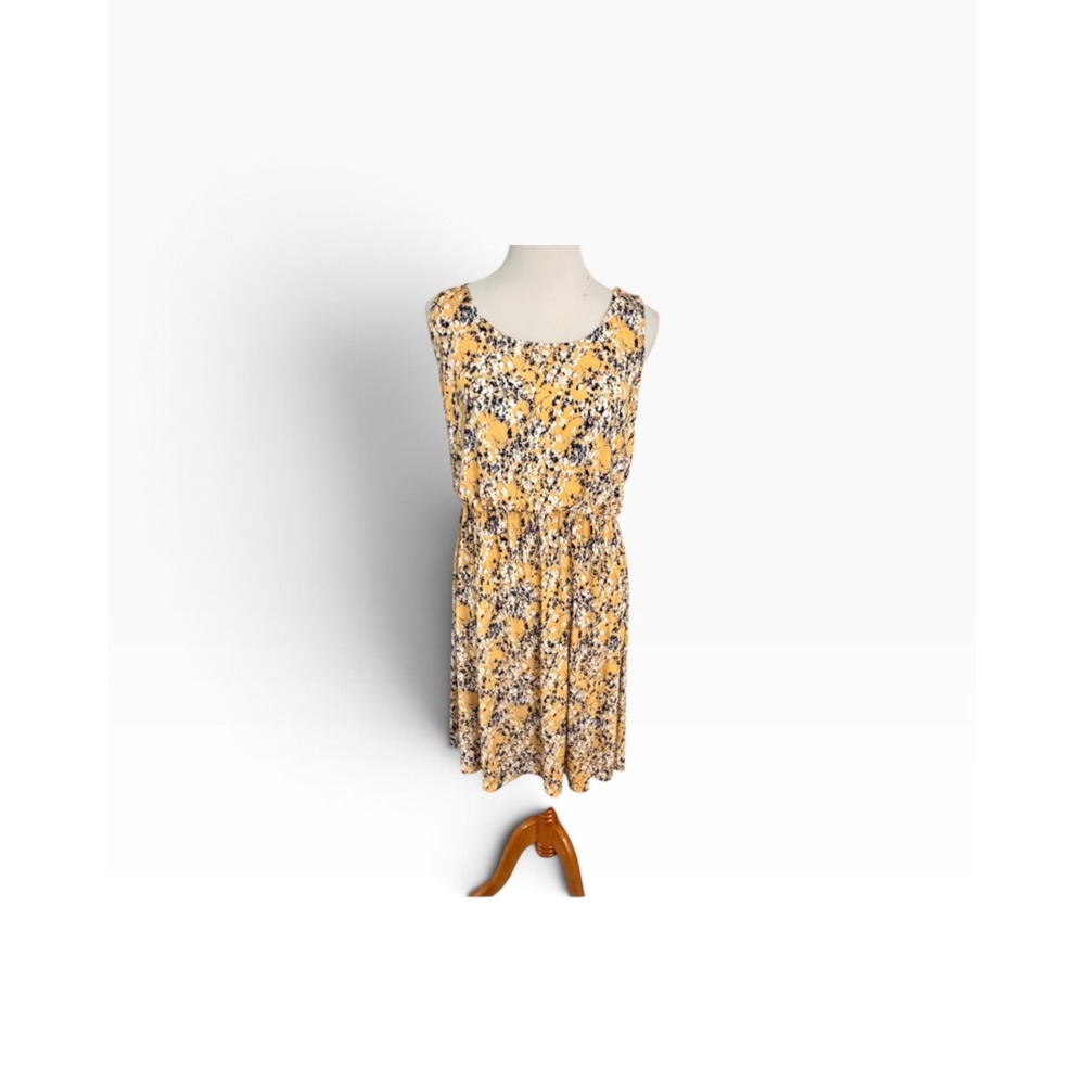 Kaileigh XXL Yellow Blue Floral Fit Flare Dress Crisscross Back Lined
